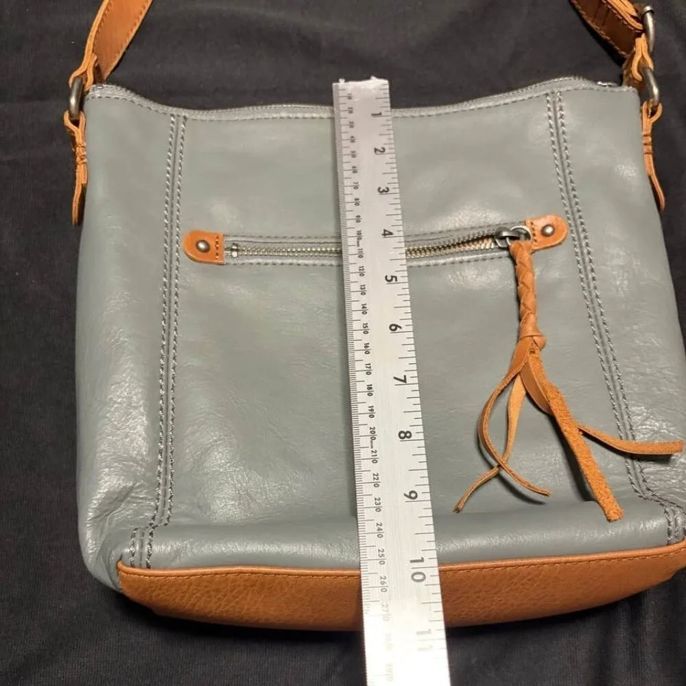 The Sak Ashland Genuine Leather Crossbody Bag Grey and Tan Leather Large EUC